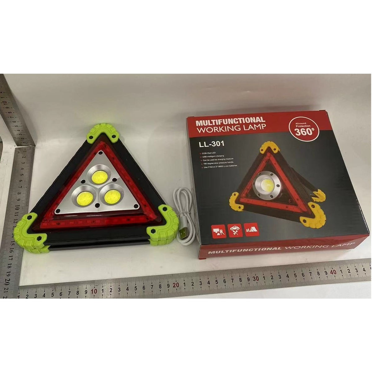 Triunghi Multifuncțional de Avertizare, Lanternă LED COB cu Încărcare Telefon, Impermeabil IP65, 800 lm, Verde, USB și Micro USB, 2 x AA