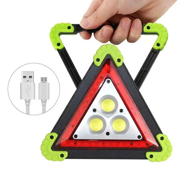 Triunghi Multifuncțional de Avertizare, Lanternă LED COB cu Încărcare Telefon, Impermeabil IP65, 800 lm, Verde, USB și Micro USB, 2 x AA
