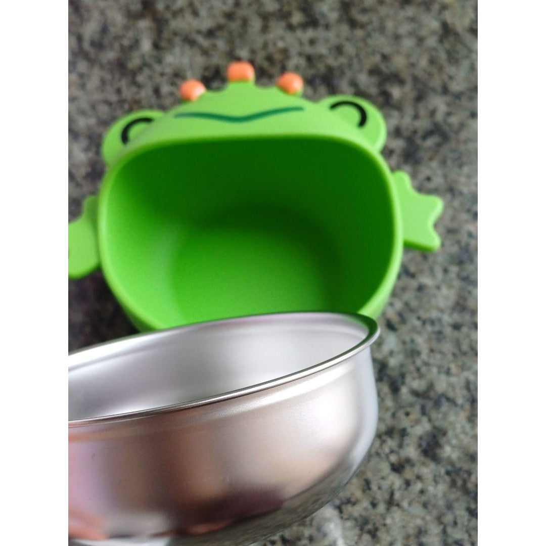 Set Diversificare Bebelusi, Bol cu Ventuza si Tacamuri, Model Broscuta, Silicon Alimentar si Otel Inoxidabil, 3 Piese, 300 ml, Verde