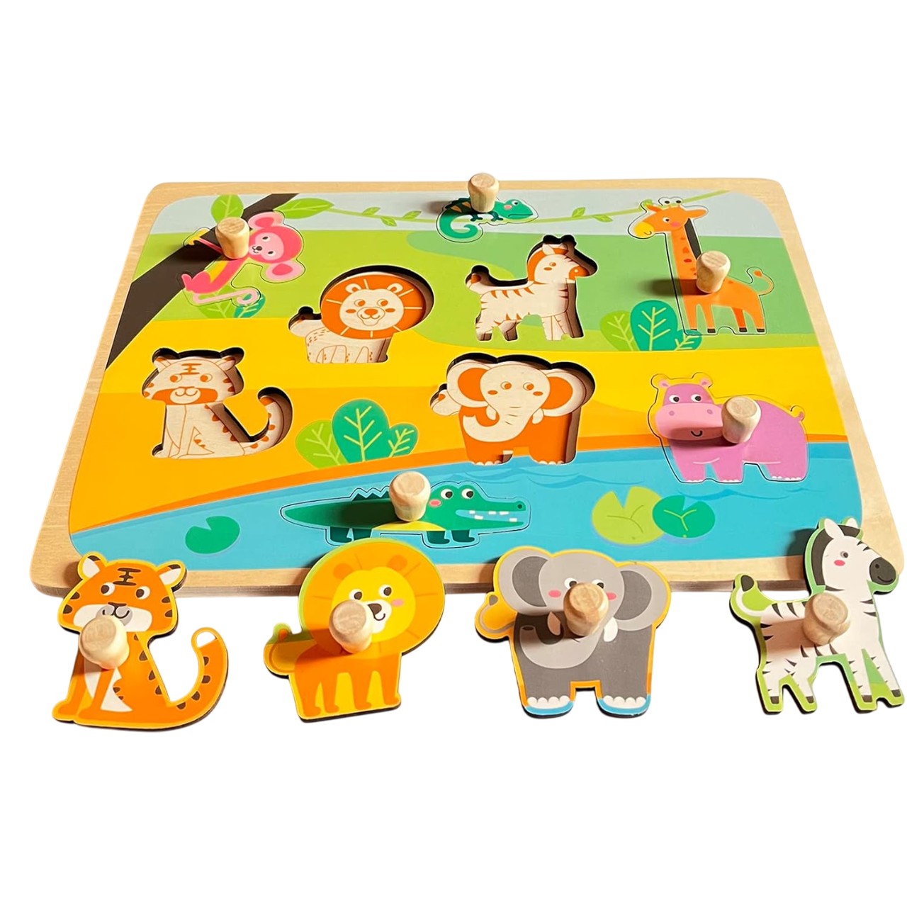 Puzzle Montessori din Lemn pentru Copii si Bebelusi, Joc Educativ Dezvoltare Motorie, Model Animale din Jungla, 9 Piese, 30x22.5x0.8 cm, Multicolor, 0-3 Ani