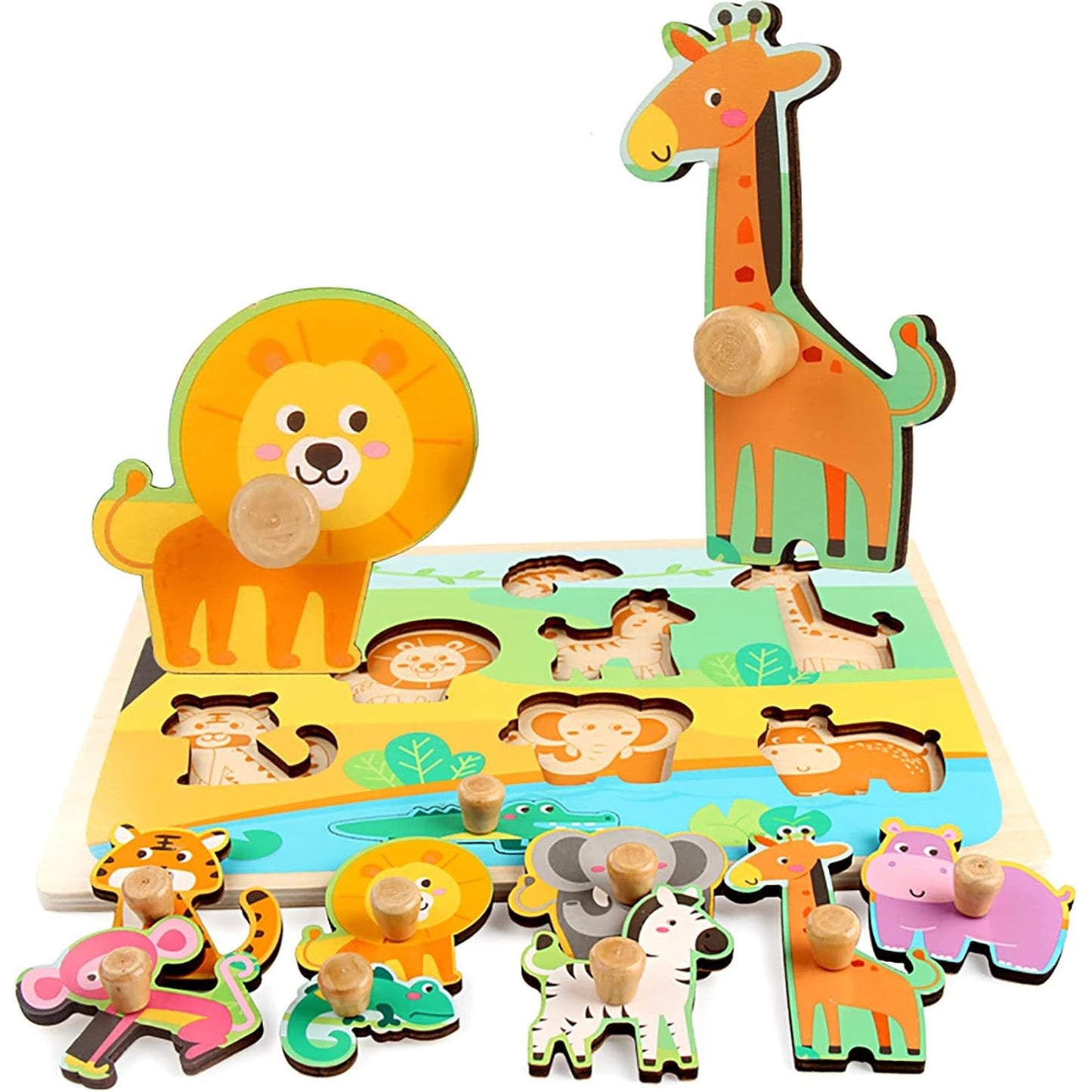 Puzzle Montessori din Lemn pentru Copii si Bebelusi, Joc Educativ Dezvoltare Motorie, Model Animale din Jungla, 9 Piese, 30x22.5x0.8 cm, Multicolor, 0-3 Ani