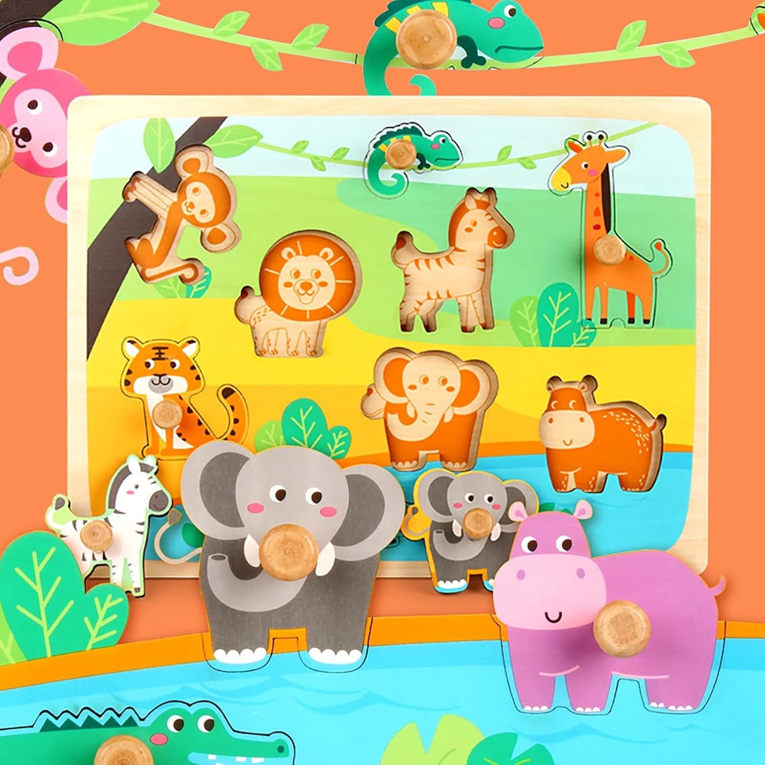 Puzzle Montessori din Lemn pentru Copii si Bebelusi, Joc Educativ Dezvoltare Motorie, Model Animale din Jungla, 9 Piese, 30x22.5x0.8 cm, Multicolor, 0-3 Ani