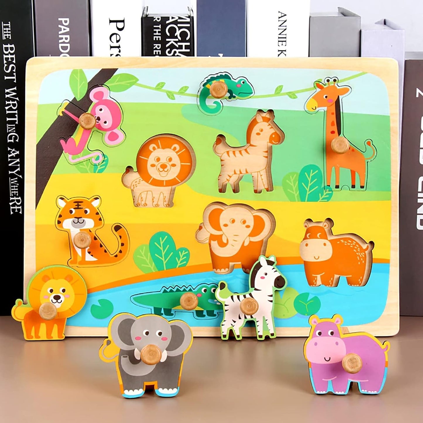Puzzle Montessori din Lemn pentru Copii si Bebelusi, Joc Educativ Dezvoltare Motorie, Model Animale din Jungla, 9 Piese, 30x22.5x0.8 cm, Multicolor, 0-3 Ani