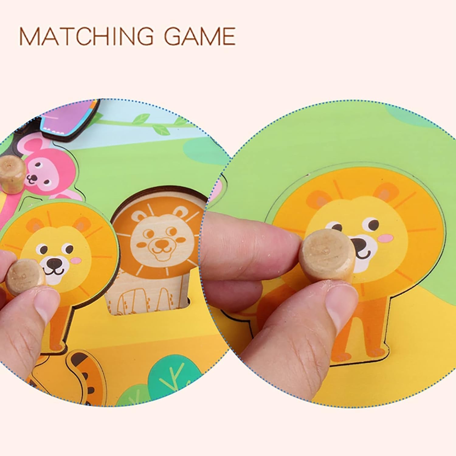 Puzzle Montessori din Lemn pentru Copii si Bebelusi, Joc Educativ Dezvoltare Motorie, Model Animale din Jungla, 9 Piese, 30x22.5x0.8 cm, Multicolor, 0-3 Ani