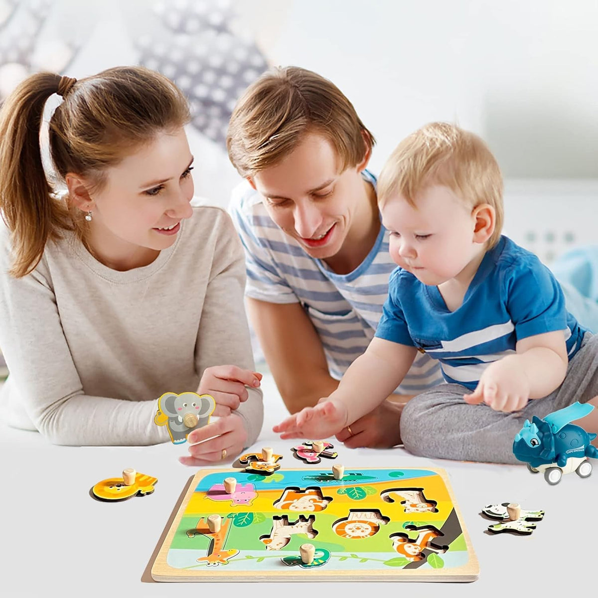 Puzzle Montessori din Lemn pentru Copii si Bebelusi, Joc Educativ Dezvoltare Motorie, Model Animale din Jungla, 9 Piese, 30x22.5x0.8 cm, Multicolor, 0-3 Ani