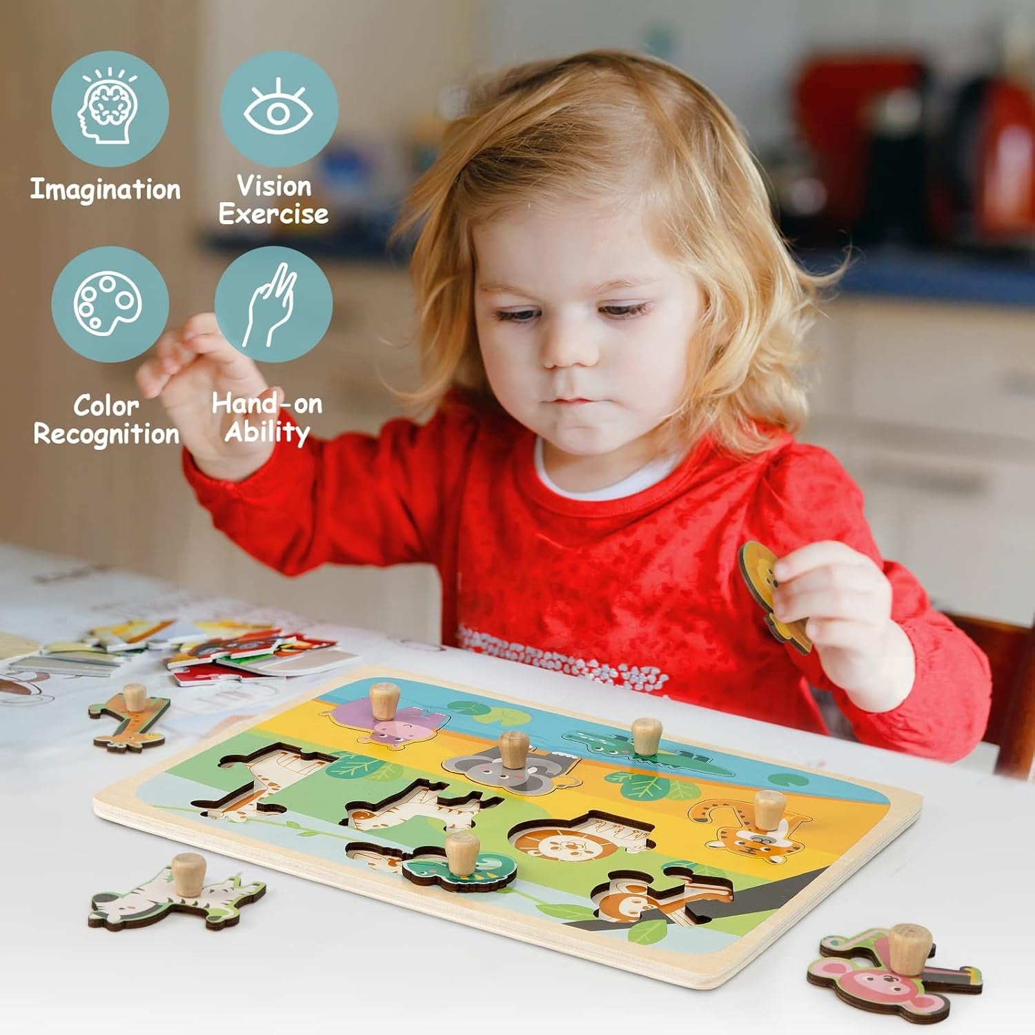 Puzzle Montessori din Lemn pentru Copii si Bebelusi, Joc Educativ Dezvoltare Motorie, Model Animale din Jungla, 9 Piese, 30x22.5x0.8 cm, Multicolor, 0-3 Ani
