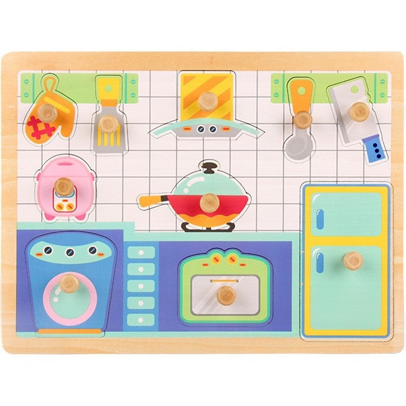 Puzzle Montessori din Lemn pentru Copii, Joc Educativ 3D de Invatare Timpurie, Model Bucatarie, 10 Piese, 30x22.5x0.8 cm, Multicolor, 0-3 Ani