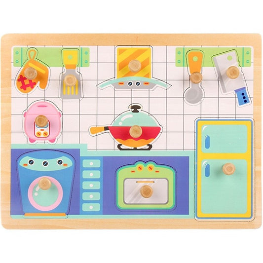 Puzzle Montessori din Lemn pentru Copii, Joc Educativ 3D de Invatare Timpurie, Model Bucatarie, 10 Piese, 30x22.5x0.8 cm, Multicolor, 0-3 Ani