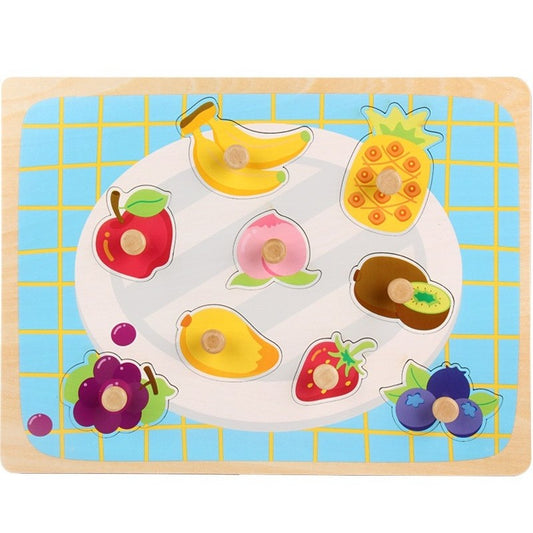 Puzzle Montessori din Lemn pentru Copii, Joc Educativ 3D de Dezvoltare Motorie, Model Fructe si Obiecte, 9 Piese, 30x22.5x0.8 cm, Multicolor, 0-3 Ani