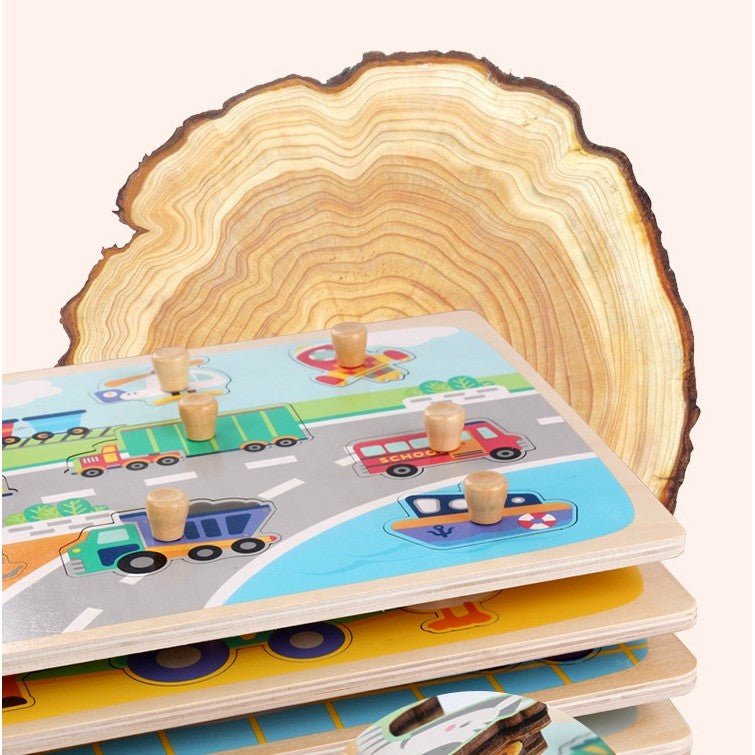 Puzzle Montessori din Lemn pentru Copii, Joc Educativ 3D de Dezvoltare Motorie, Model Fructe si Obiecte, 9 Piese, 30x22.5x0.8 cm, Multicolor, 0-3 Ani