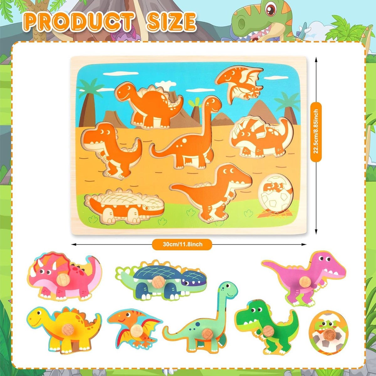 Puzzle Montessori din Lemn pentru Copii, Joc Educativ 3D cu Dinozauri, Dezvoltare Motricitate Fină, 8 Piese, 30x22.5x0.8 cm, Multicolor, 0-3 Ani