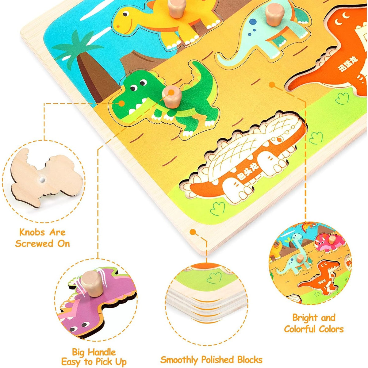 Puzzle Montessori din Lemn pentru Copii, Joc Educativ 3D cu Dinozauri, Dezvoltare Motricitate Fină, 8 Piese, 30x22.5x0.8 cm, Multicolor, 0-3 Ani