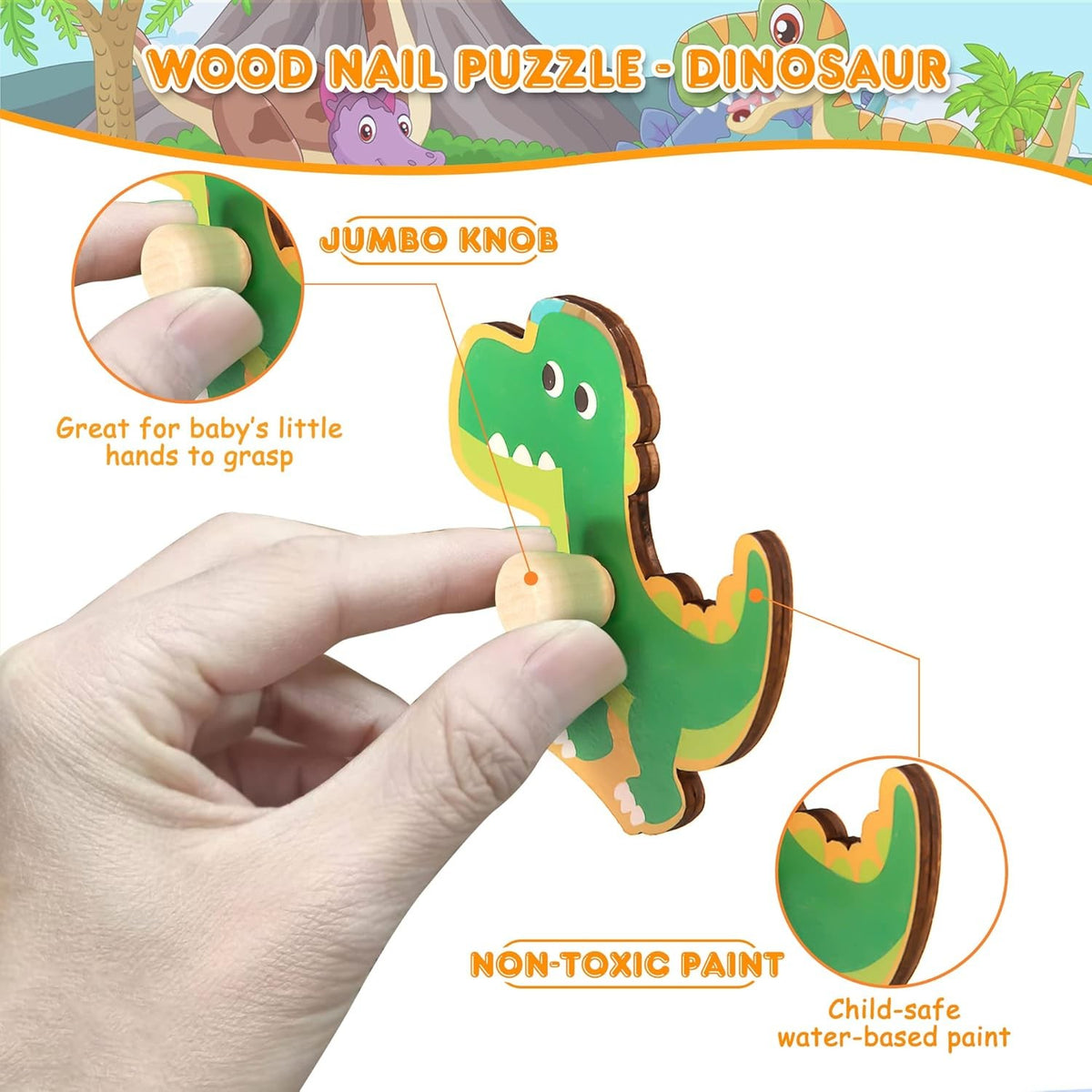 Puzzle Montessori din Lemn pentru Copii, Joc Educativ 3D cu Dinozauri, Dezvoltare Motricitate Fină, 8 Piese, 30x22.5x0.8 cm, Multicolor, 0-3 Ani