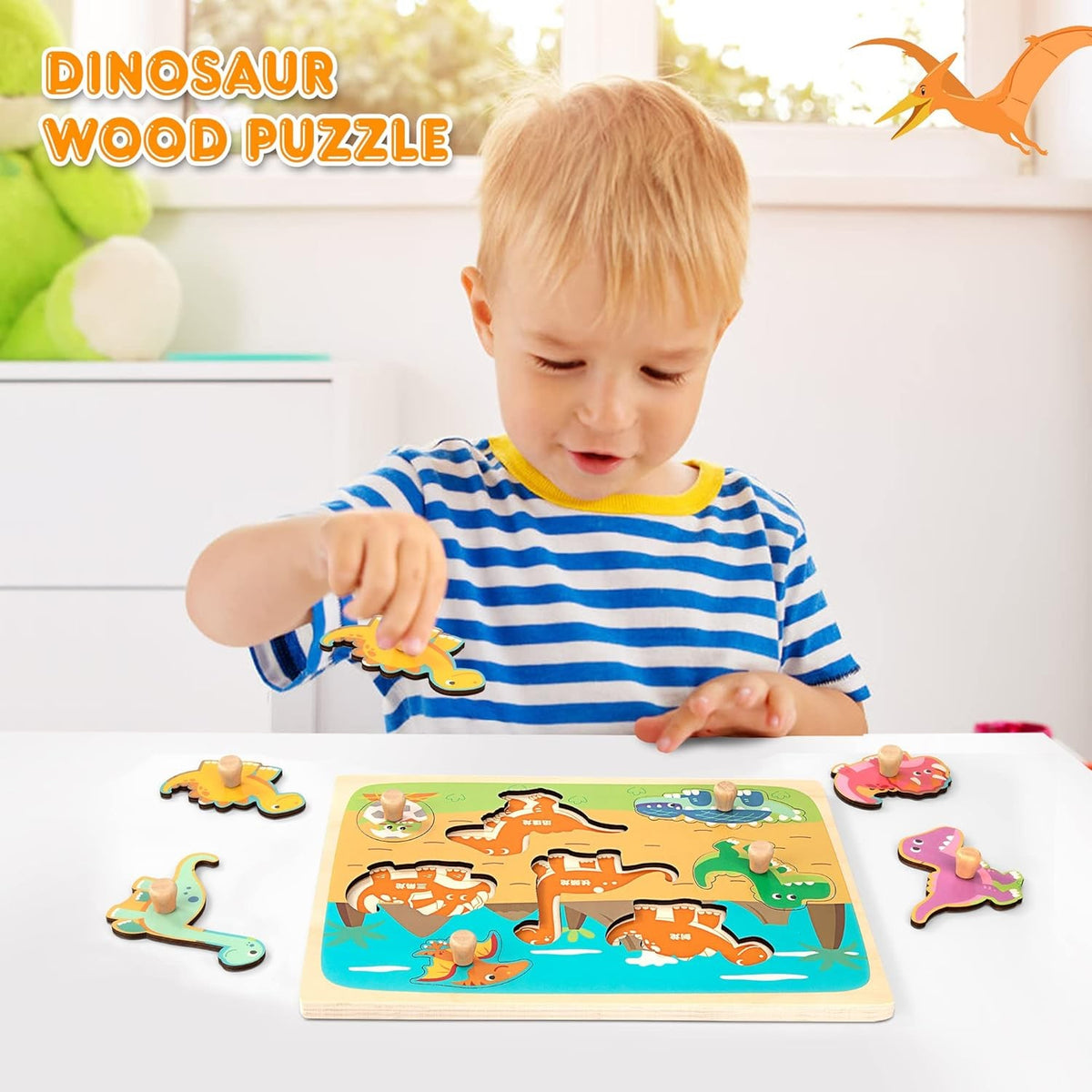 Puzzle Montessori din Lemn pentru Copii, Joc Educativ 3D cu Dinozauri, Dezvoltare Motricitate Fină, 8 Piese, 30x22.5x0.8 cm, Multicolor, 0-3 Ani