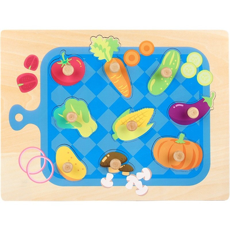 Puzzle Montessori din Lemn pentru Copii, Joc Educativ 3D de Potrivire Forme Legume, Dezvoltare Motorie si Cognitiva, 0-3 Ani, 9 Piese, 30x22.5 cm, Multicolor