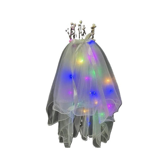 Voal Luminos cu Coronita si Lumini LED Multicolore, Accesoriu pentru Serbari, Nunti sau Petrecerea Burlacitelor, Material Textil Delicat, Marime Universala, Alb