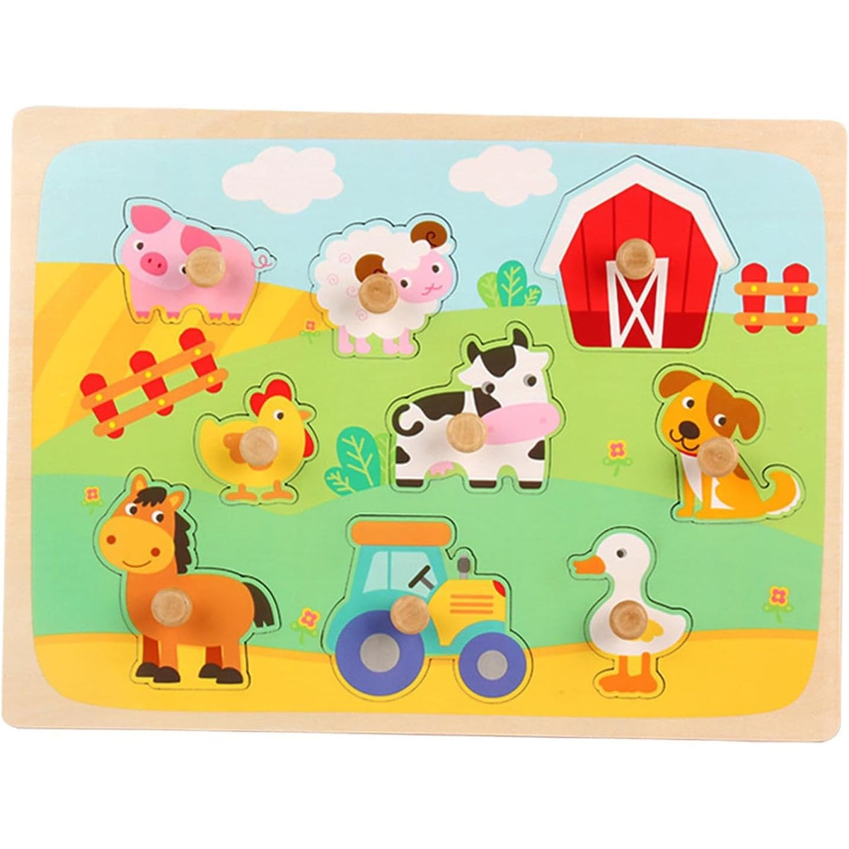 Puzzle Montessori din Lemn pentru Copii, Model Ferma cu Animale 3D, Jucarie Educativa si Interactiva, 9 Piese, 30x22.5 cm, Multicolor, 0-3 Ani