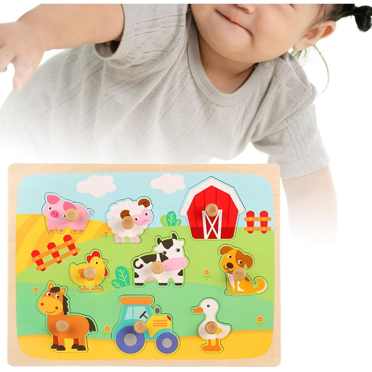 Puzzle Montessori din Lemn pentru Copii, Model Ferma cu Animale 3D, Jucarie Educativa si Interactiva, 9 Piese, 30x22.5 cm, Multicolor, 0-3 Ani