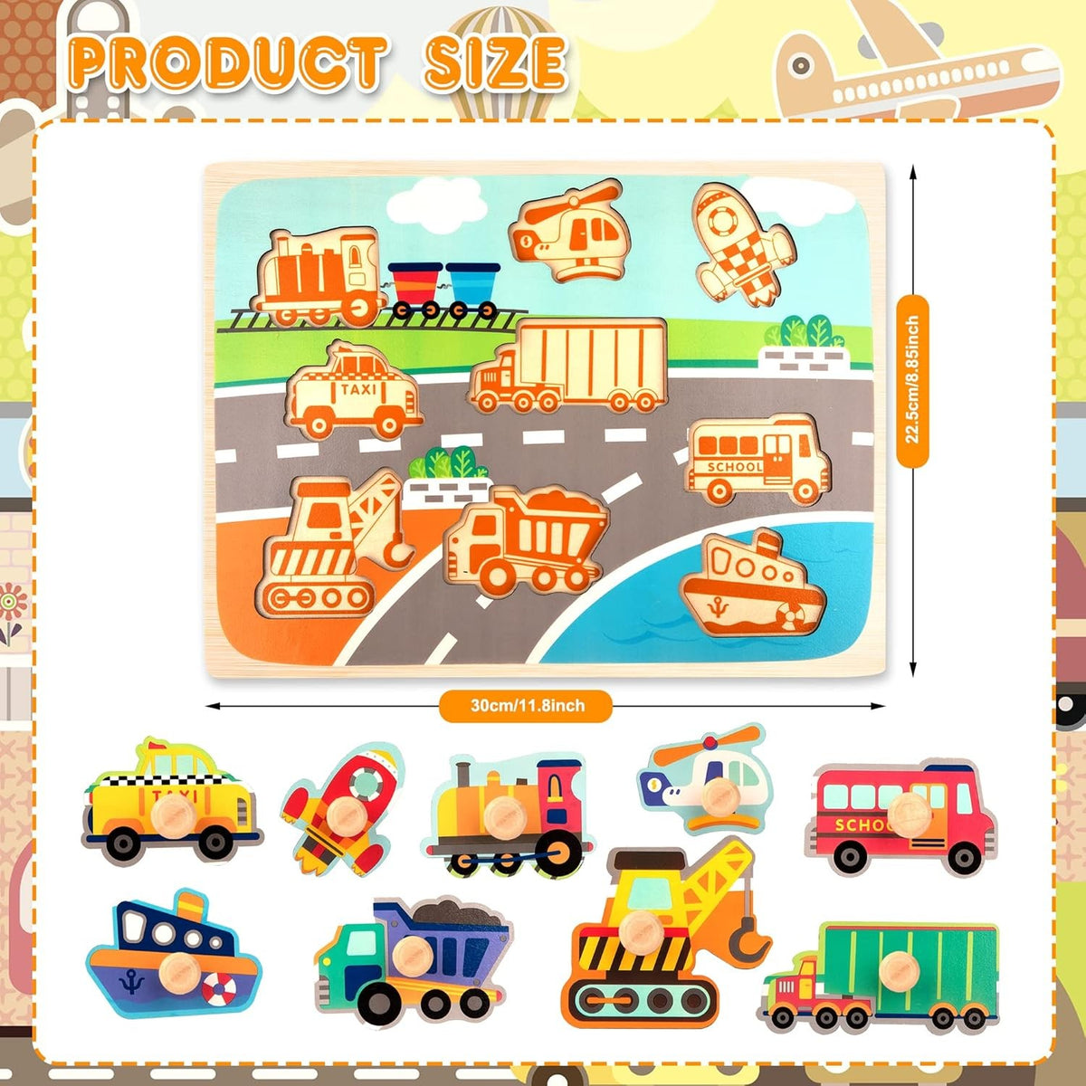 Puzzle Montessori din Lemn pentru Copii, Joc Educativ 3D Model Transporturi, Dezvoltare Motricitate si Coordonare, Lemn Natural, 9 Piese, 30x22.5x0.8 cm, Multicolor