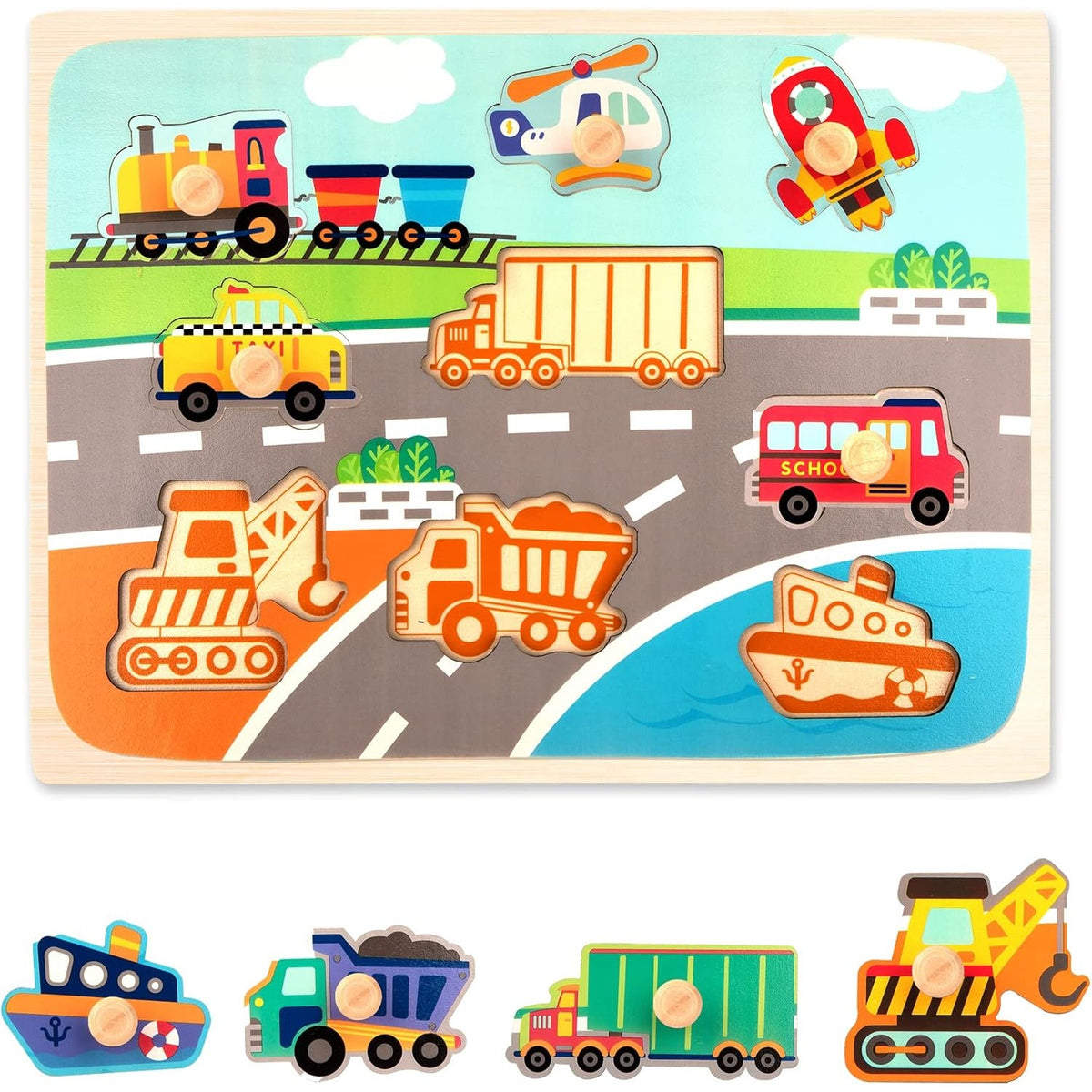 Puzzle Montessori din Lemn pentru Copii, Joc Educativ 3D Model Transporturi, Dezvoltare Motricitate si Coordonare, Lemn Natural, 9 Piese, 30x22.5x0.8 cm, Multicolor