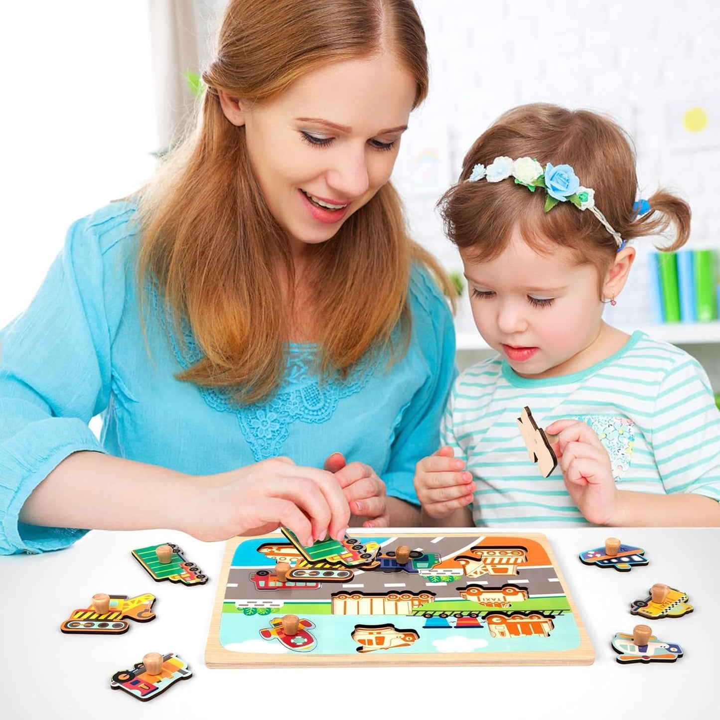 Puzzle Montessori din Lemn pentru Copii, Joc Educativ 3D Model Transporturi, Dezvoltare Motricitate si Coordonare, Lemn Natural, 9 Piese, 30x22.5x0.8 cm, Multicolor