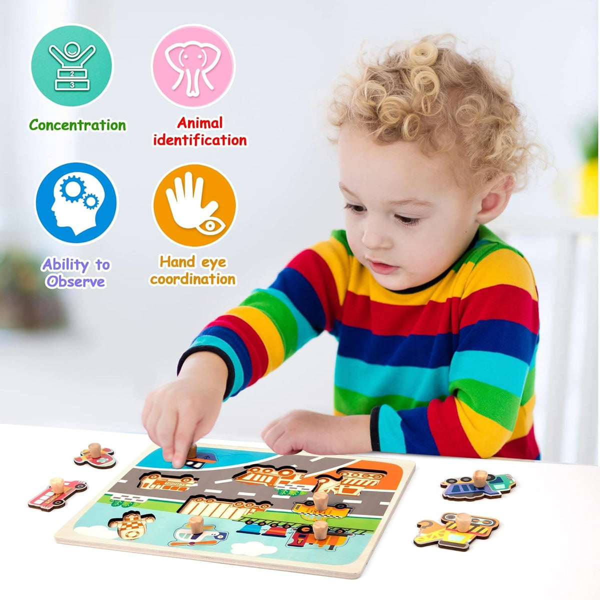 Puzzle Montessori din Lemn pentru Copii, Joc Educativ 3D Model Transporturi, Dezvoltare Motricitate si Coordonare, Lemn Natural, 9 Piese, 30x22.5x0.8 cm, Multicolor