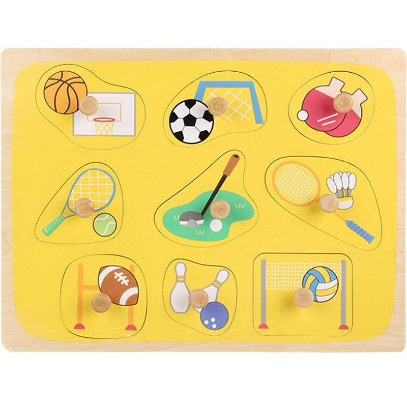 Puzzle Montessori din Lemn pentru Copii, Joc Educativ 3D de Potrivire, Dezvoltare Motricitate Fină, Model Sporturi, 9 Piese, 30x22.5x0.8 cm, Multicolor