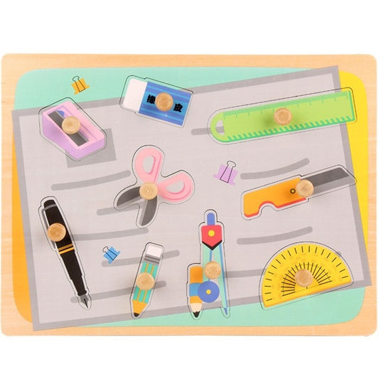 Puzzle Montessori din Lemn pentru Copii, Joc Educativ 3D Model Instrumente Matematice si Obiecte, 9 Piese, Dezvoltare Motorie, 30x22.5x0.8 cm, 0-3 Ani, Multicolor