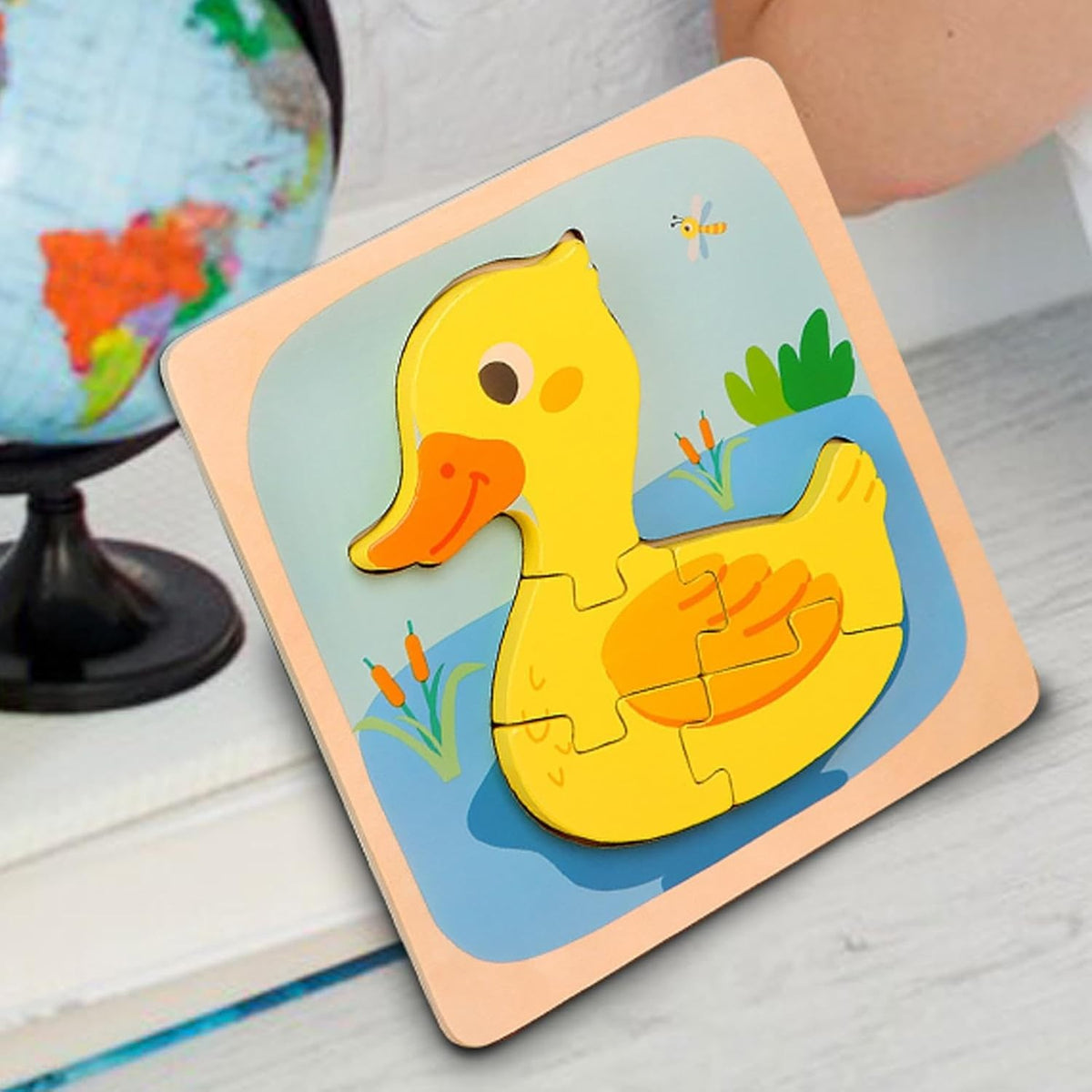 Puzzle Montessori din Lemn pentru Copii, Jucarie Educativa 3D, Model Ratusca, Dezvoltare Motricitate si Logica, 5 Piese, 15x15x0.5 cm, Multicolor