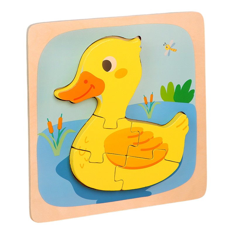 Puzzle Montessori din Lemn pentru Copii, Jucarie Educativa 3D, Model Ratusca, Dezvoltare Motricitate si Logica, 5 Piese, 15x15x0.5 cm, Multicolor