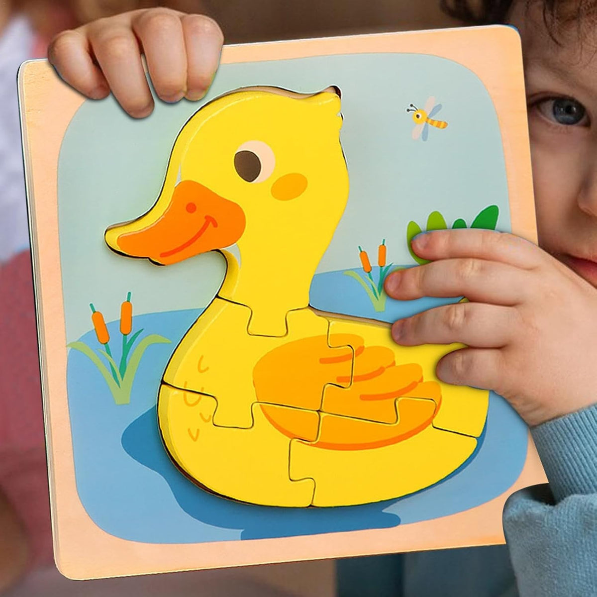 Puzzle Montessori din Lemn pentru Copii, Jucarie Educativa 3D, Model Ratusca, Dezvoltare Motricitate si Logica, 5 Piese, 15x15x0.5 cm, Multicolor