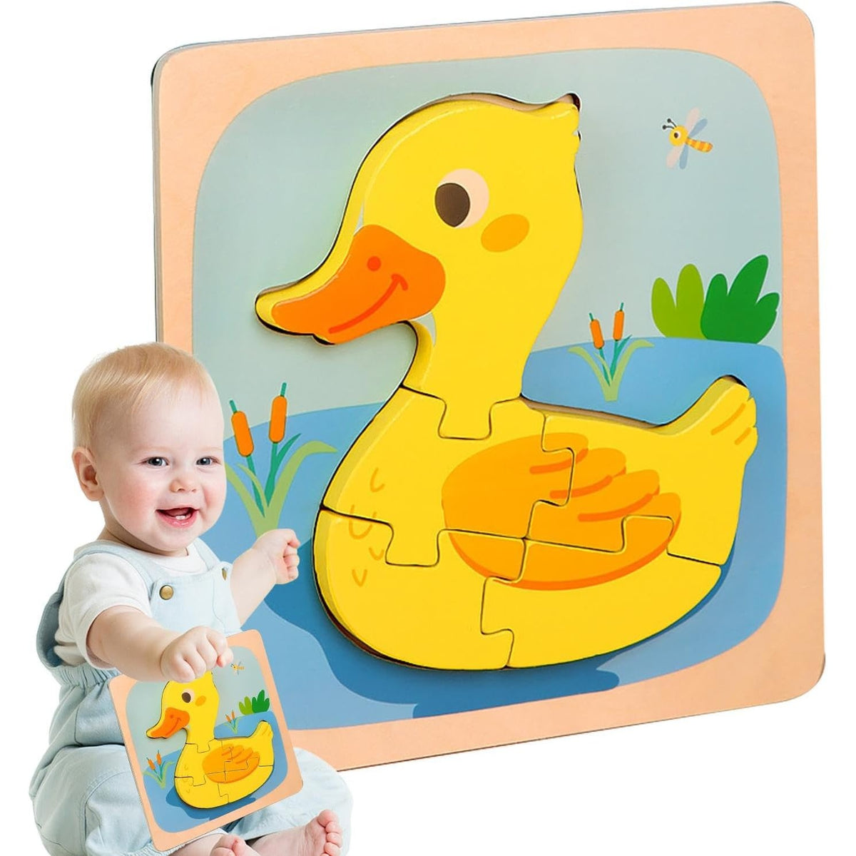 Puzzle Montessori din Lemn pentru Copii, Jucarie Educativa 3D, Model Ratusca, Dezvoltare Motricitate si Logica, 5 Piese, 15x15x0.5 cm, Multicolor