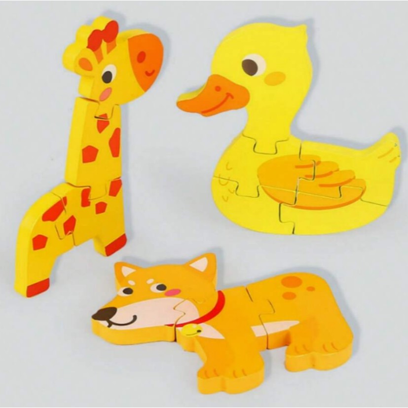 Puzzle Montessori din Lemn pentru Copii, Joc Educativ 3D, Dezvoltare Abilitati Motorii, Model Catel, 3 Piese, 15x15x0.5 cm, Multicolor