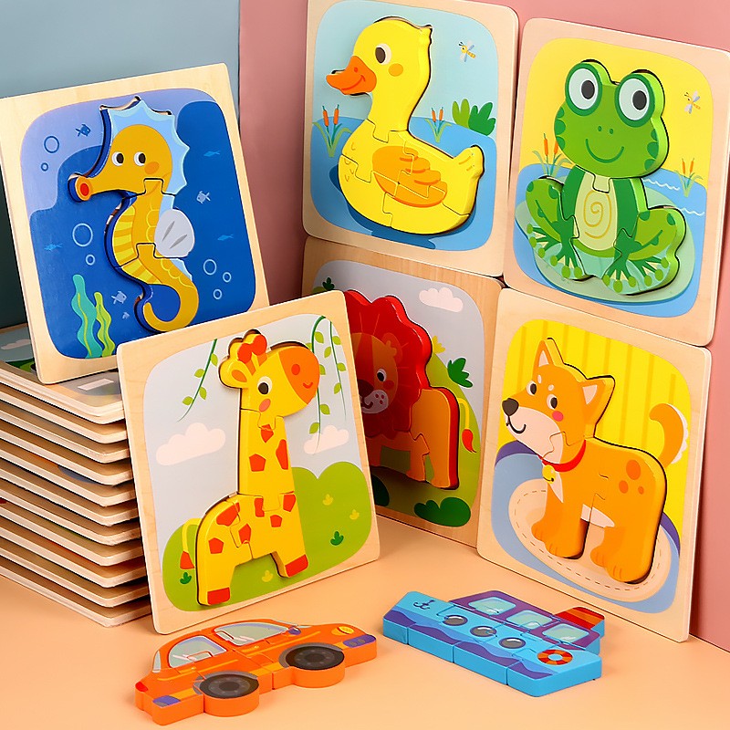 Puzzle Montessori din Lemn pentru Copii, Joc Educativ 3D, Dezvoltare Abilitati Motorii, Model Catel, 3 Piese, 15x15x0.5 cm, Multicolor