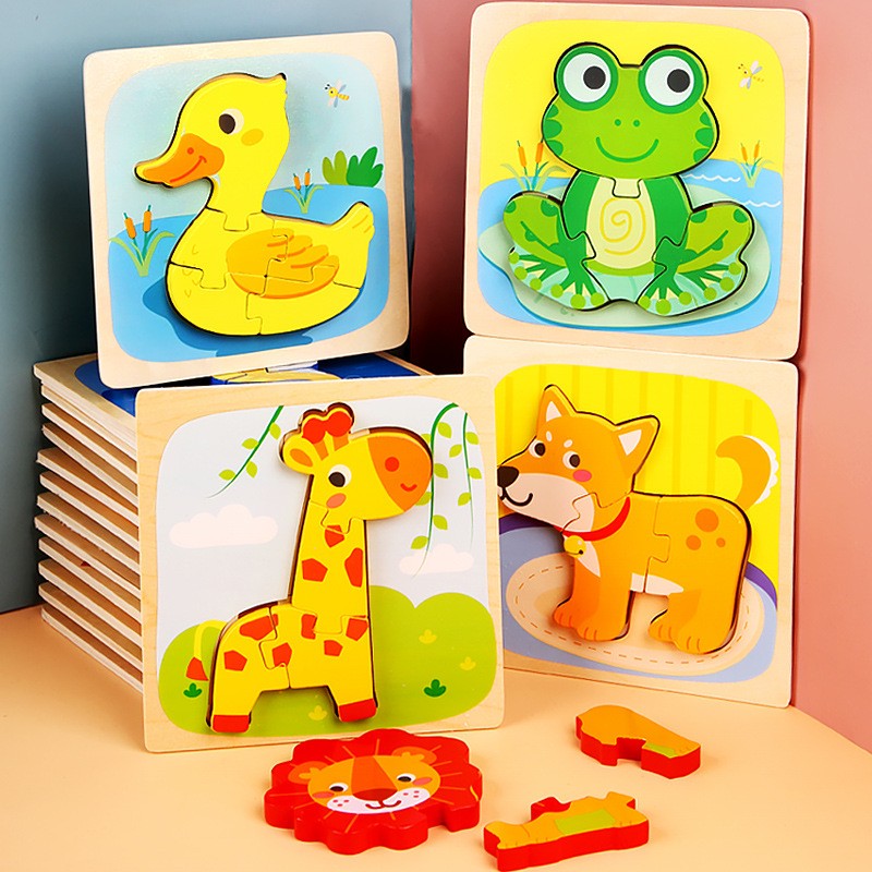 Puzzle Montessori din Lemn pentru Copii, Joc Educativ 3D, Dezvoltare Abilitati Motorii, Model Catel, 3 Piese, 15x15x0.5 cm, Multicolor