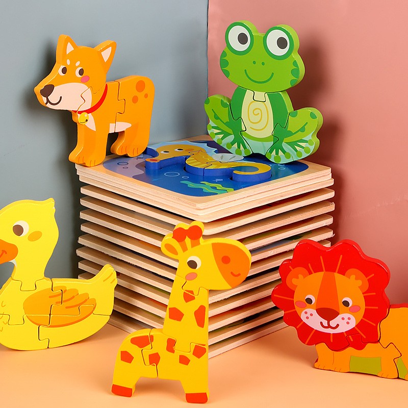 Puzzle Montessori din Lemn pentru Copii, Joc Educativ 3D, Dezvoltare Abilitati Motorii, Model Catel, 3 Piese, 15x15x0.5 cm, Multicolor