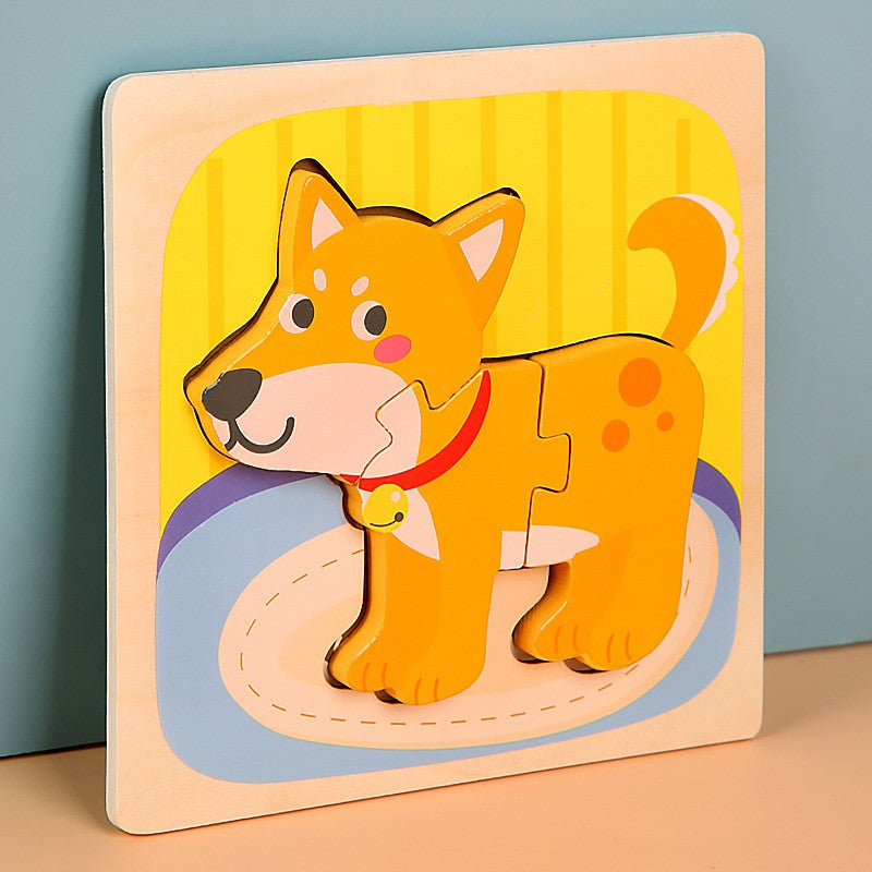 Puzzle Montessori din Lemn pentru Copii, Joc Educativ 3D, Dezvoltare Abilitati Motorii, Model Catel, 3 Piese, 15x15x0.5 cm, Multicolor