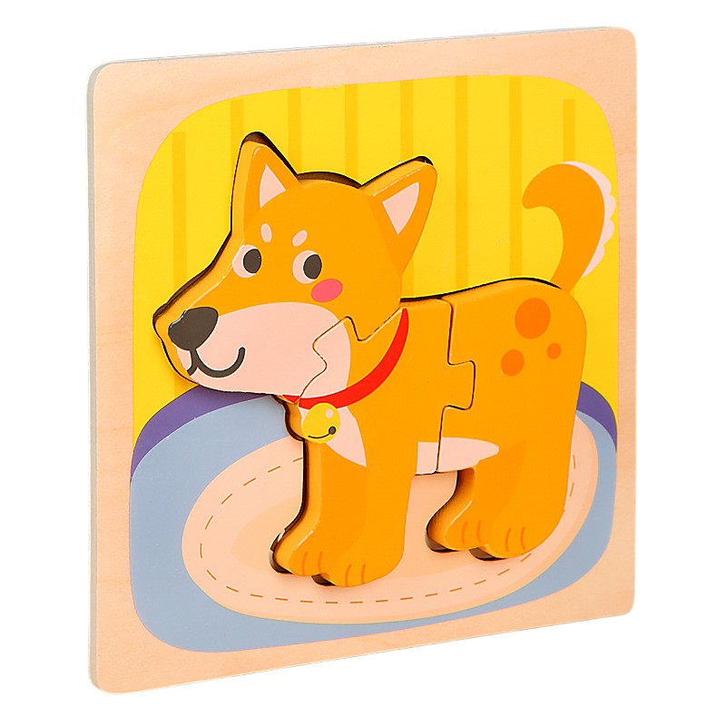 Puzzle Montessori din Lemn pentru Copii, Joc Educativ 3D, Dezvoltare Abilitati Motorii, Model Catel, 3 Piese, 15x15x0.5 cm, Multicolor