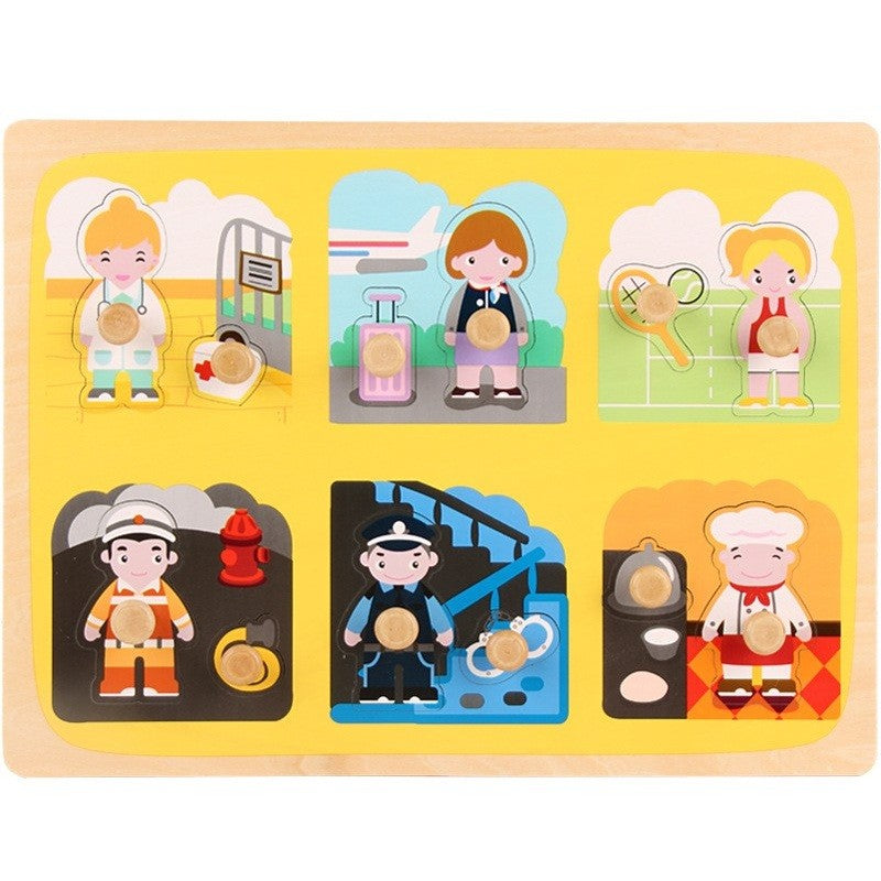 Puzzle Montessori din Lemn pentru Copii, Joc Educativ 3D de Dezvoltare Motorie, Model Profesii si Obiecte, 6 Piese, 0-3 Ani, Multicolor, 30x22.5 cm