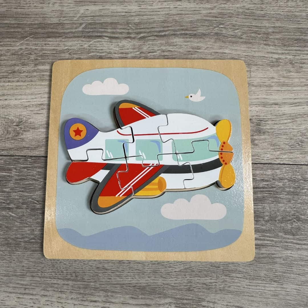 Puzzle Montessori din Lemn pentru Copii, Joc Educativ 3D Model Avion, Stimulare Coordonare Ochi-Mana, 6 Piese, 15x15 cm, Multicolor, Varsta 0-3 Ani