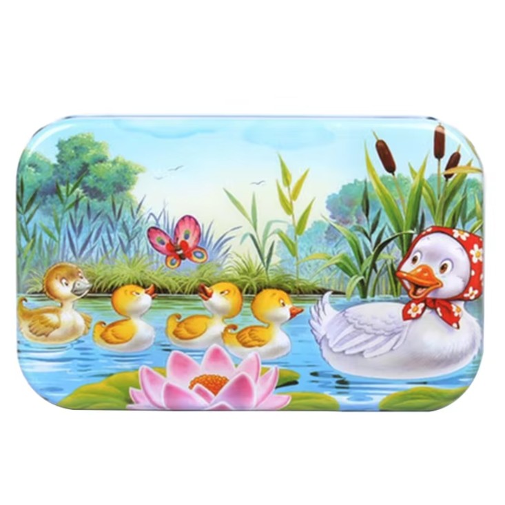 Puzzle Educativ din Lemn cu 60 Piese, Dezvoltare Abilitati Cognitive si Motorii, Cutie Metalica Depozitare, Model Ratusca, Multicolor, 22.5x13.5 cm