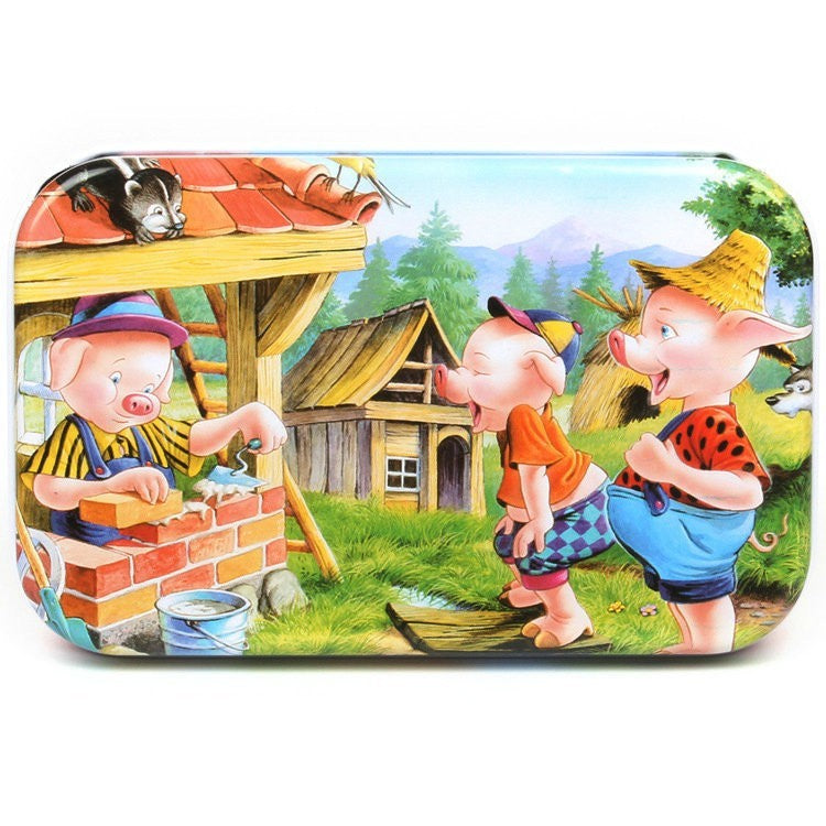 Puzzle Educativ din Lemn, Model Cei Trei Purcelusi, 60 Piese, Dezvoltare Abilitati Cognitive si Motorii, Cutie Metalica pentru Depozitare, 22.5x13.5 cm, Multicolor