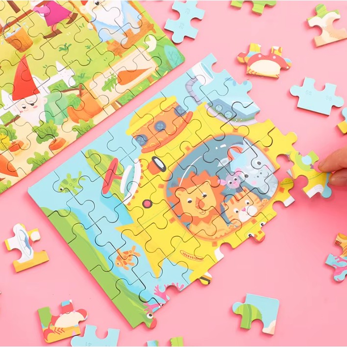 Puzzle Educativ din Lemn, Model Submarin pentru Copii si Prescolari, Dezvoltare Abilitati Cognitive, Cutie Metalica de Depozitare, 60 Piese, 22.5x13.5 cm