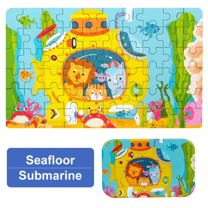 Puzzle Educativ din Lemn, Model Submarin pentru Copii si Prescolari, Dezvoltare Abilitati Cognitive, Cutie Metalica de Depozitare, 60 Piese, 22.5x13.5 cm