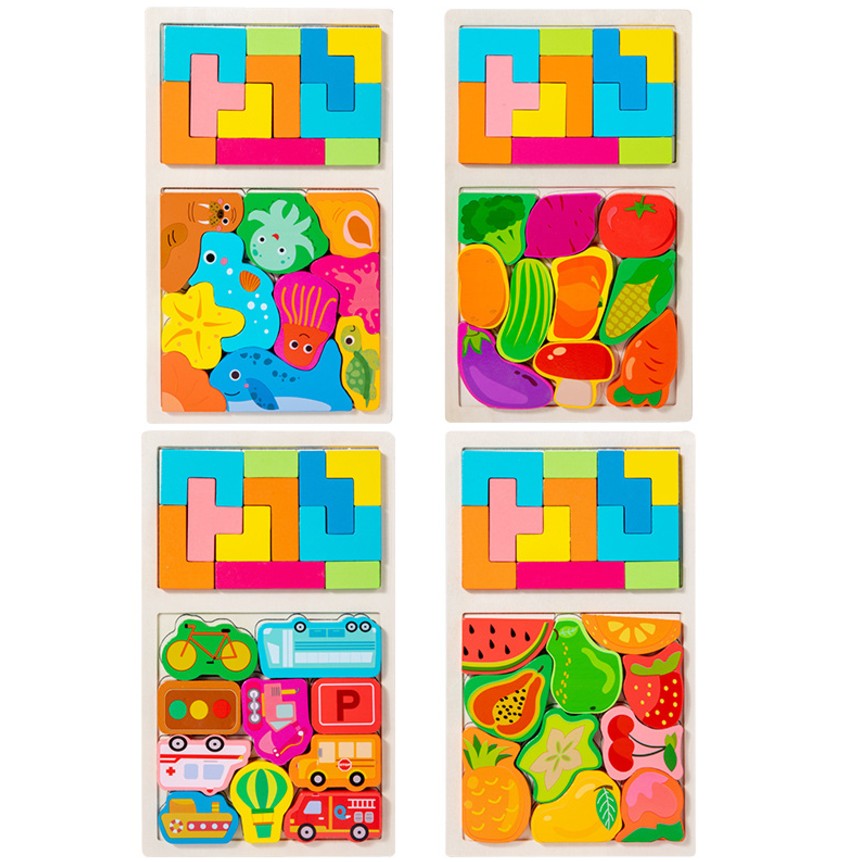 Puzzle Montessori din Lemn pentru Copii, Joc Educativ Tip Tetris 2in1, Animale Marine 3D, 21 Piese, Varsta +3 Ani, 28.5x17x1.2 cm, Multicolor