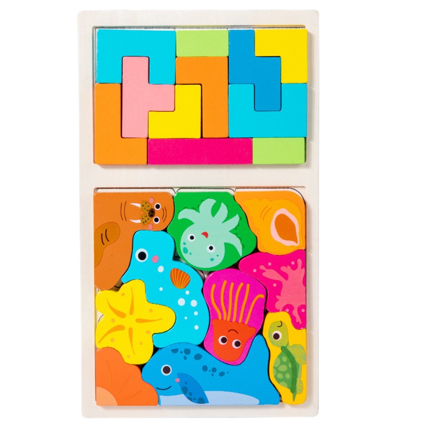 Puzzle Montessori din Lemn pentru Copii, Joc Educativ Tip Tetris 2in1, Animale Marine 3D, 21 Piese, Varsta +3 Ani, 28.5x17x1.2 cm, Multicolor