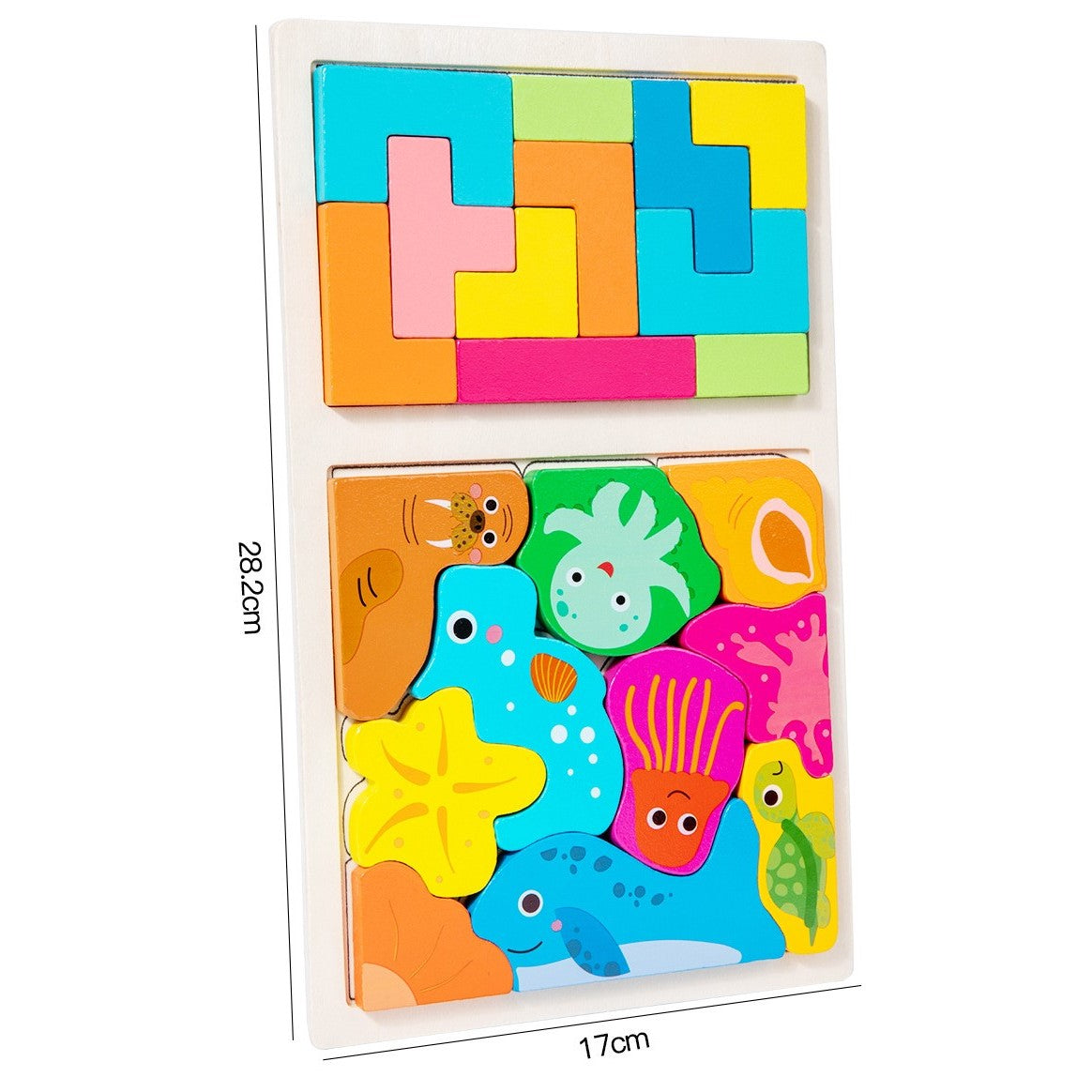 Puzzle Montessori din Lemn pentru Copii, Joc Educativ Tip Tetris 2in1, Animale Marine 3D, 21 Piese, Varsta +3 Ani, 28.5x17x1.2 cm, Multicolor