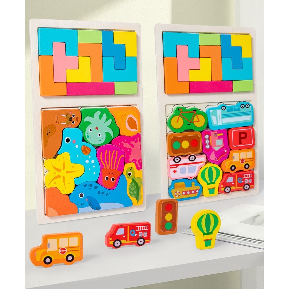 Puzzle Montessori din Lemn pentru Copii, Joc Educativ Tip Tetris 2in1, Animale Marine 3D, 21 Piese, Varsta +3 Ani, 28.5x17x1.2 cm, Multicolor