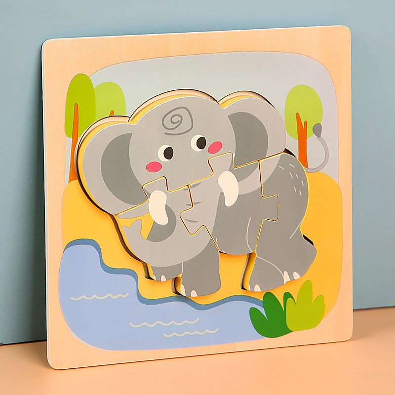 Puzzle Montessori din Lemn pentru Copii, Jucarie Educativa 3D, Model Elefant, Dezvoltare Motricitate, 4 Piese, 15x15x0.5 cm, Multicolor