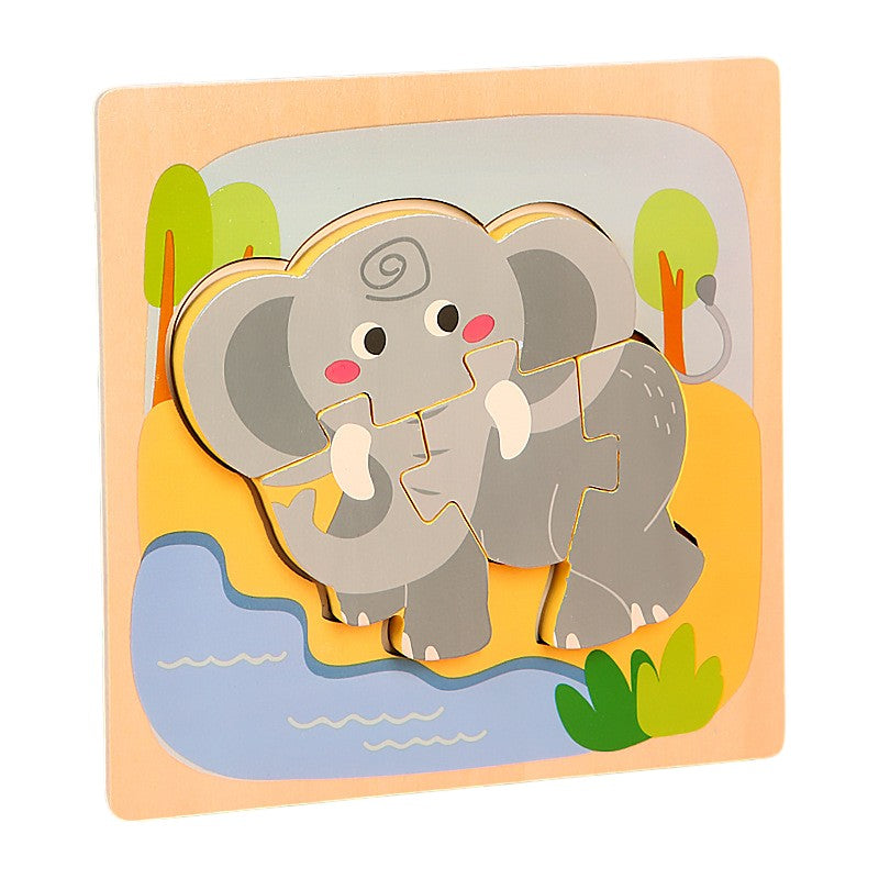 Puzzle Montessori din Lemn pentru Copii, Jucarie Educativa 3D, Model Elefant, Dezvoltare Motricitate, 4 Piese, 15x15x0.5 cm, Multicolor